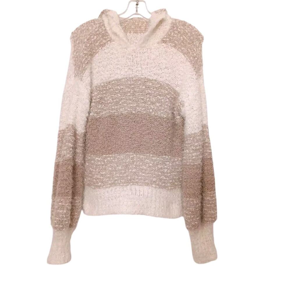 Moral Fiber Sweater HOODIE Size L TAN BROWN Knit Neutral Fuzzy Striped Soft Hood